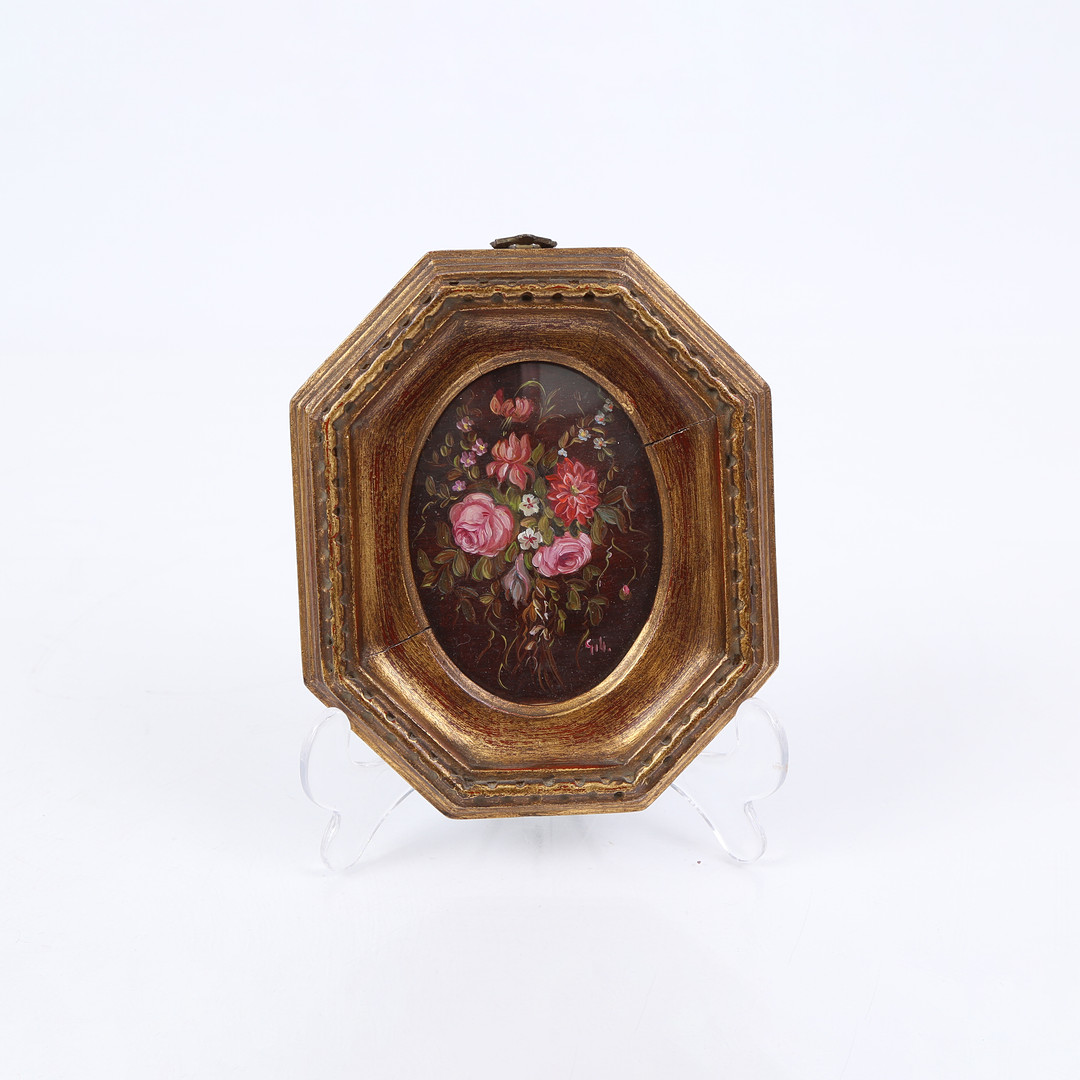 Ubekendt kunstner. Signeret miniaturemaleri, blomsterstudie, olie på kobberplade, 1800-tallets sidste halvdel.