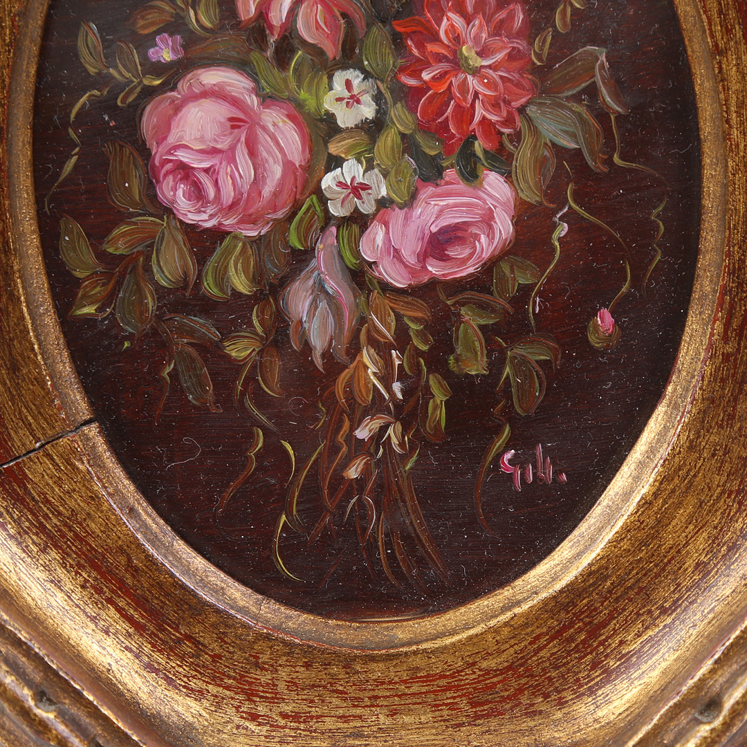 Ubekendt kunstner. Signeret miniaturemaleri, blomsterstudie, olie på kobberplade, 1800-tallets sidste halvdel.
