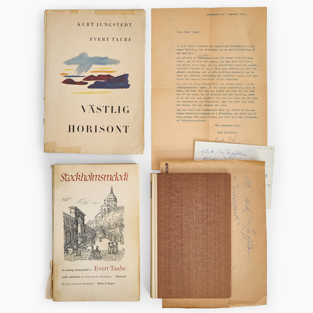 EVERT TAUBE, BREV (2) samt BOK (3), delvis egenhändigt signerad och dedikerade.