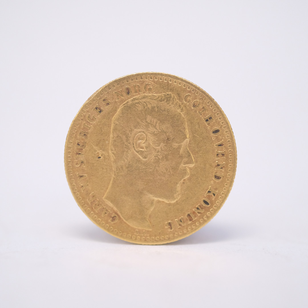 GULDMYNT, 21,6K, 10 FRANCS, 1 CAROLIN, CARL XV SVERIGES OCH NORGES KONUNG 1868.