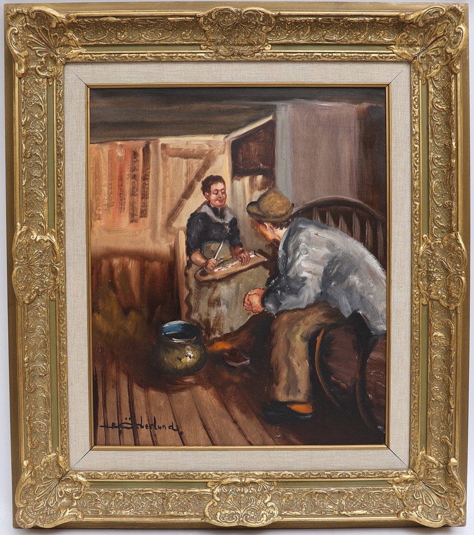 BERT ÖSTERLUND. Interiör med figurer, oljemålning på duk, signerad.