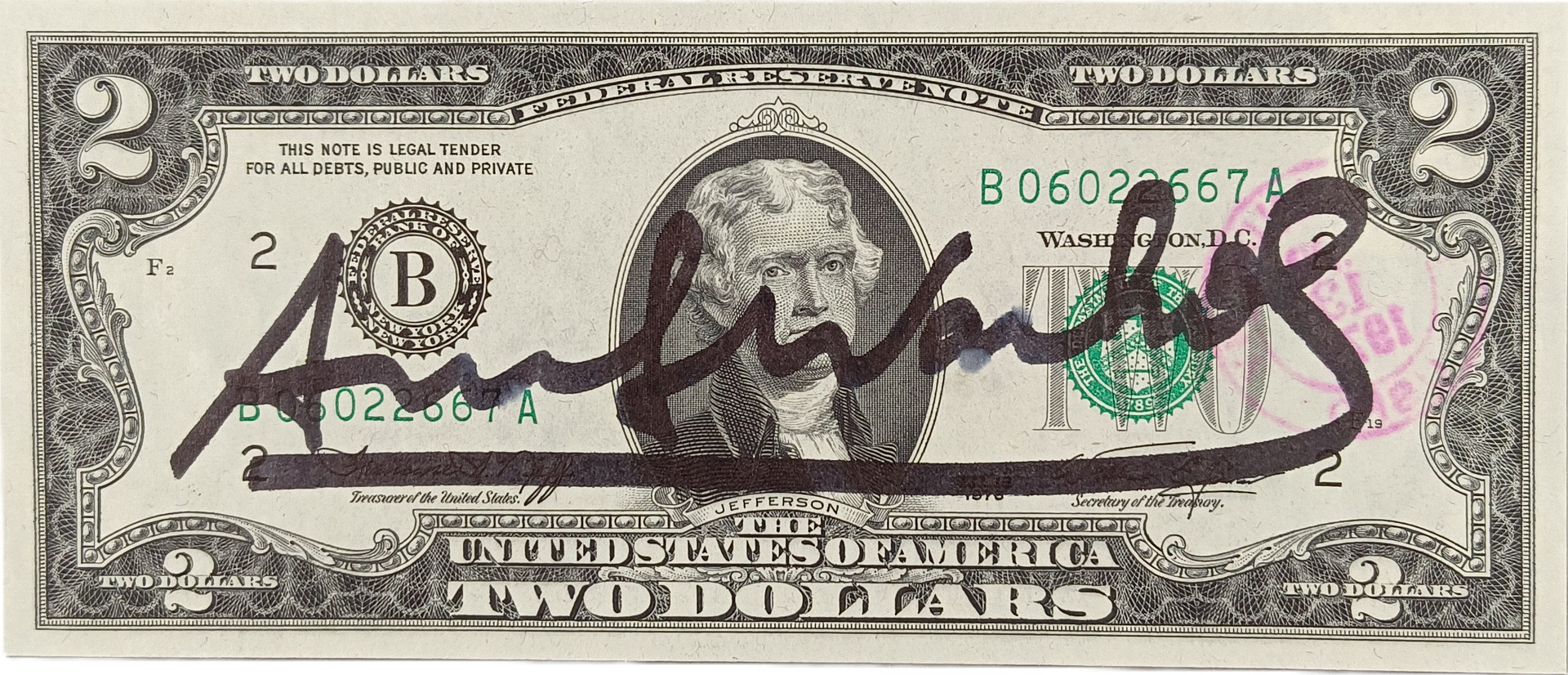 WARHOL, ANDY. NACH. Two Dollar Bill“ mit Signatur, 1976.
