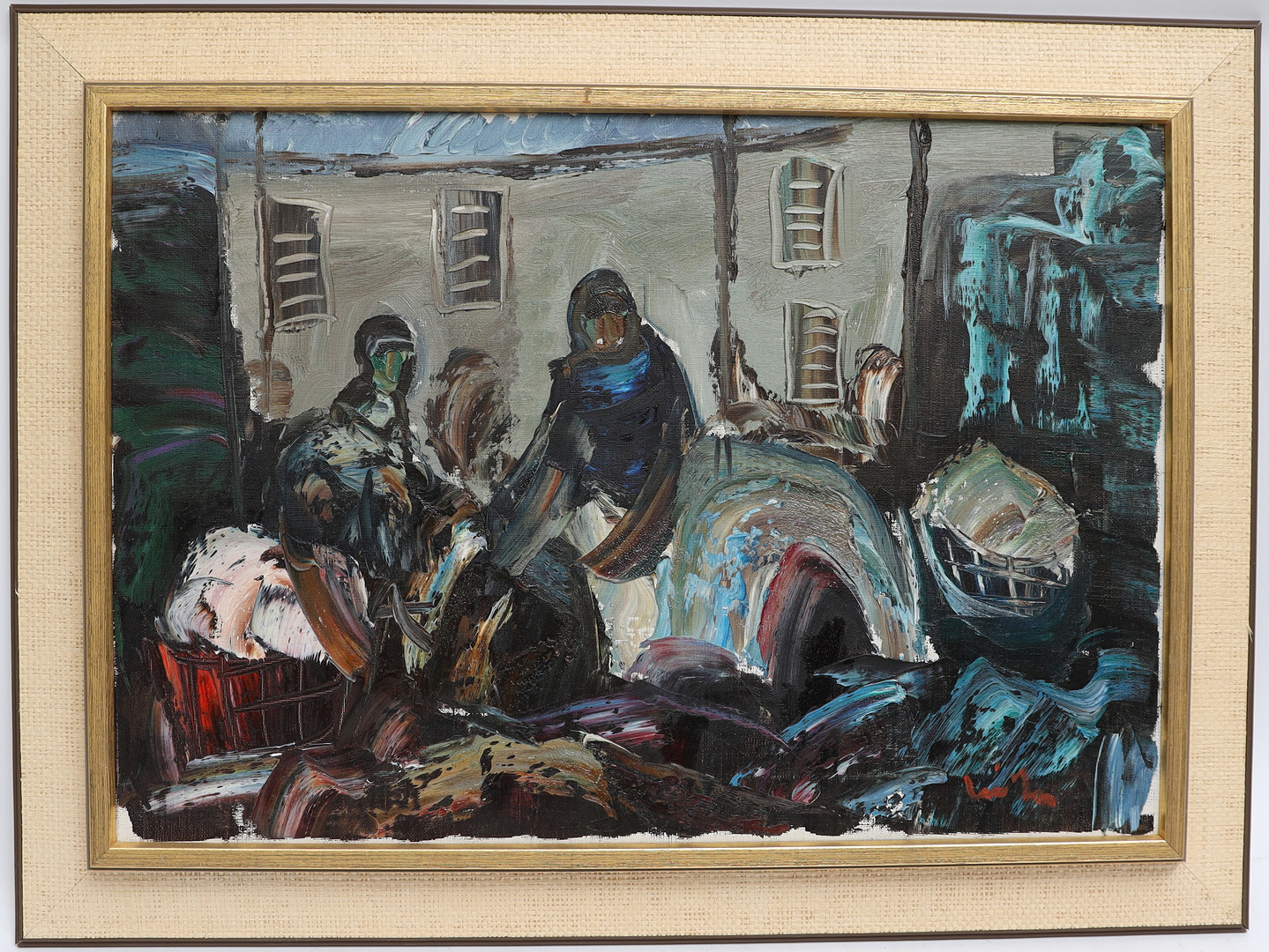 ERIK LOO. Stadsbild med figurer, oljemålning på duk, signerad.