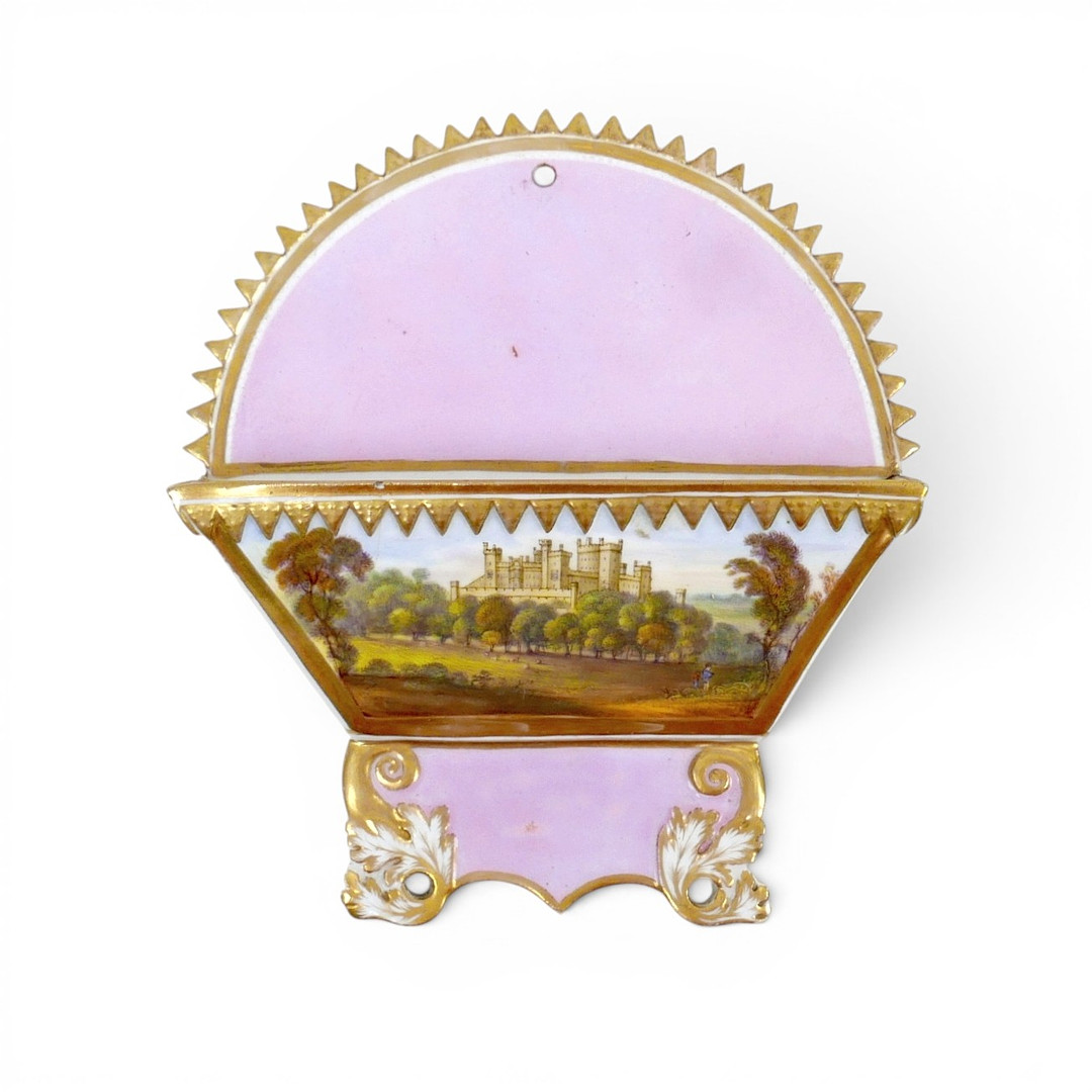 AN EARLY 19TH CENTURY HAND PAINTED COALPORT PORCELAIN LETTER RACK.