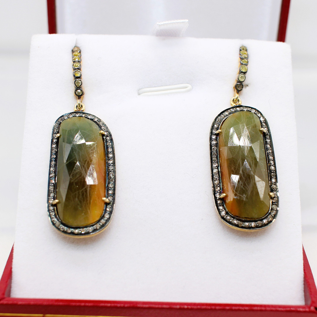 SAPPHIRE & DIAMOND DROP EARRINGS.