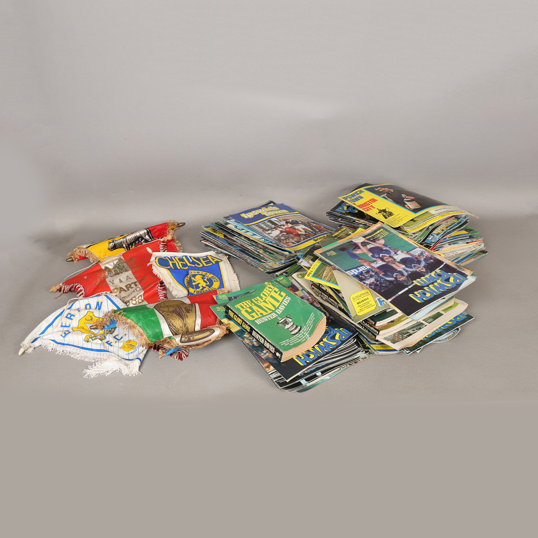 A COLLECTION OF IPSWICH TOWN FOOTBALL PROGRAMMES AND FIVE PENNANTS (QTY).