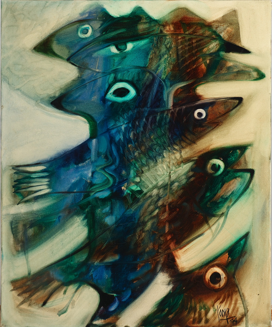 UBEKENDT KUNSTNER. Motiv med fisk, akryl på lærred, signeret og dateret 1994.