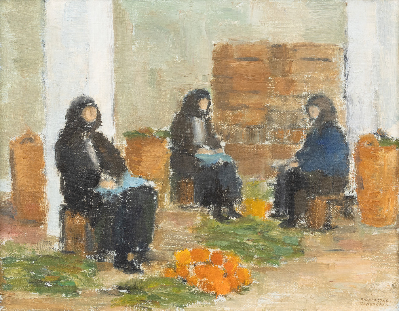 MONA RIDDERSTAD-CEDERGREN, (FÖDD 1935). "Kvinnor, Cypern", olja på duk, signerad.