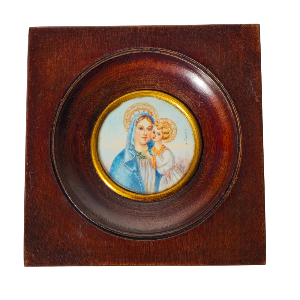 Miniatura con virgen y niño sobre placa de hueso. Firmado J. Canova. Principios siglo XX.