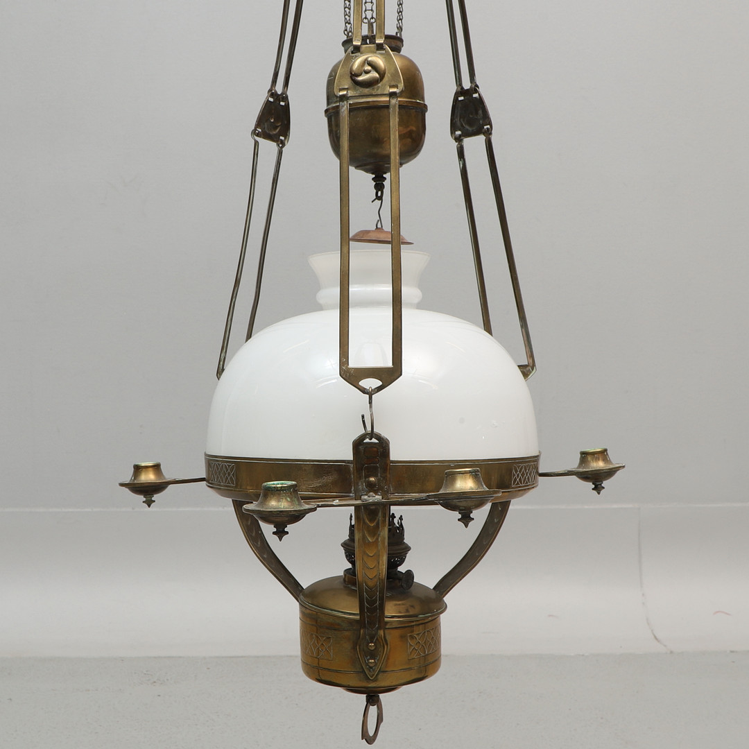 TAKFOTOGENLAMPA, med hissanordning, mässing & glas, jugend, tidigt 1900-tal.