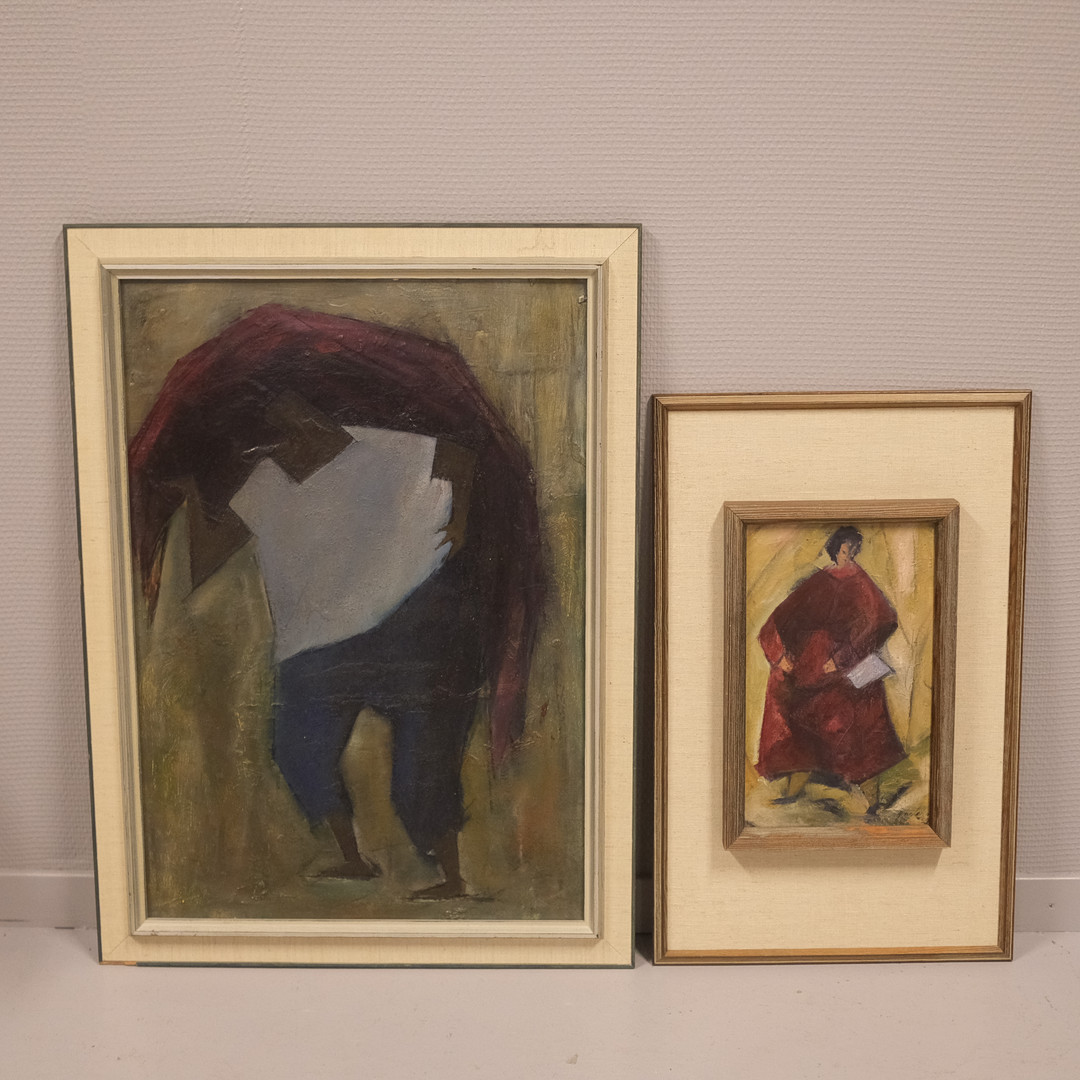 OIDENTIFIERAD KONSTNÄR. OLJOR PÅ PANNÅ, TVÅ DELAR. FIGURKOMPOSITIONER. SIGNERAD.