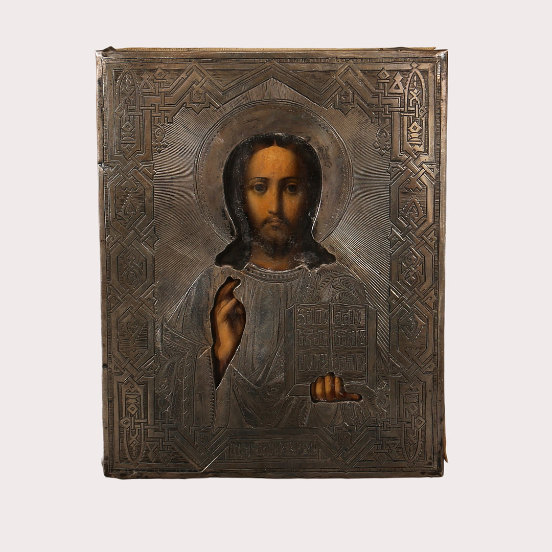 IKON, Kristus Pantokrator, med 84 Zolotniki silverritza. 875/1000 finhet. Ryssland, kontrollstämplad år 1885 .