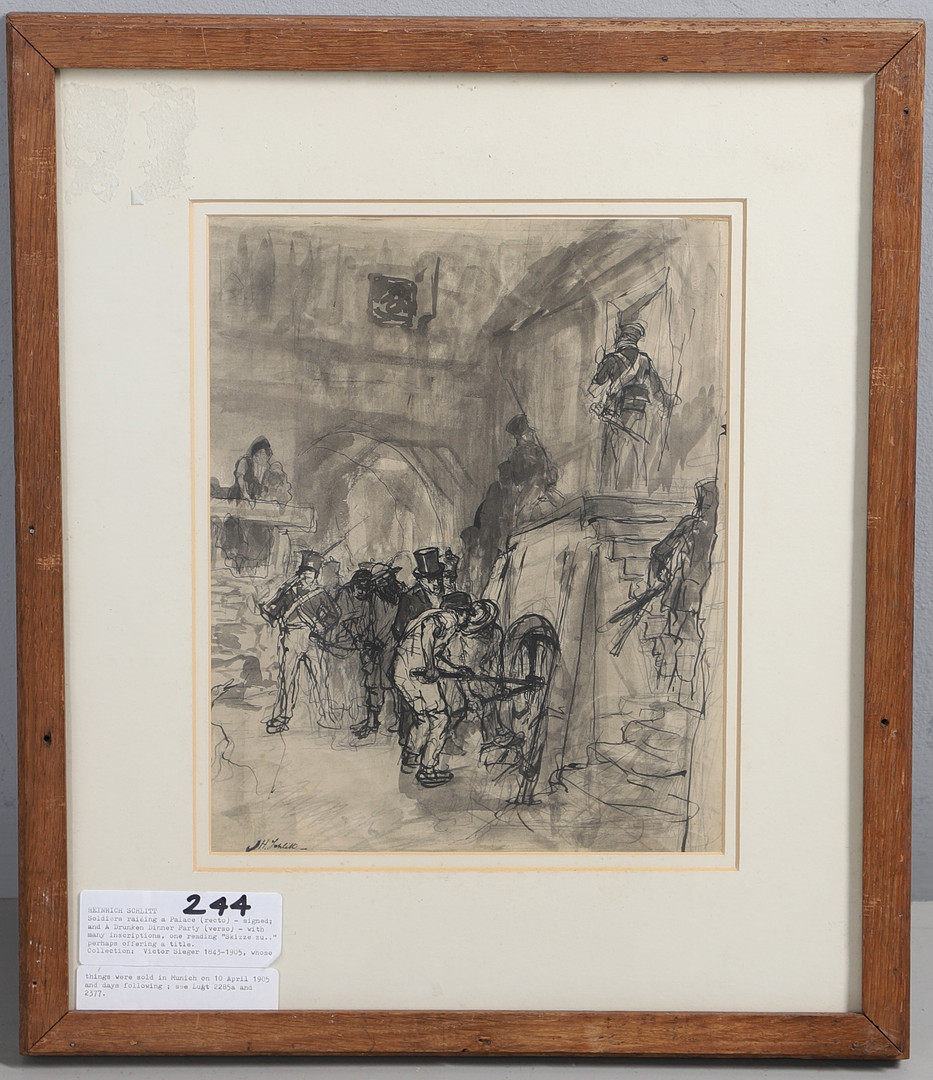 HEINRICH SCHLITT (1849-1923). SOLDIERS RAIDING A PALACE, (RECTO) AND A DRUNKEN DINNER PARTY (VERSO).