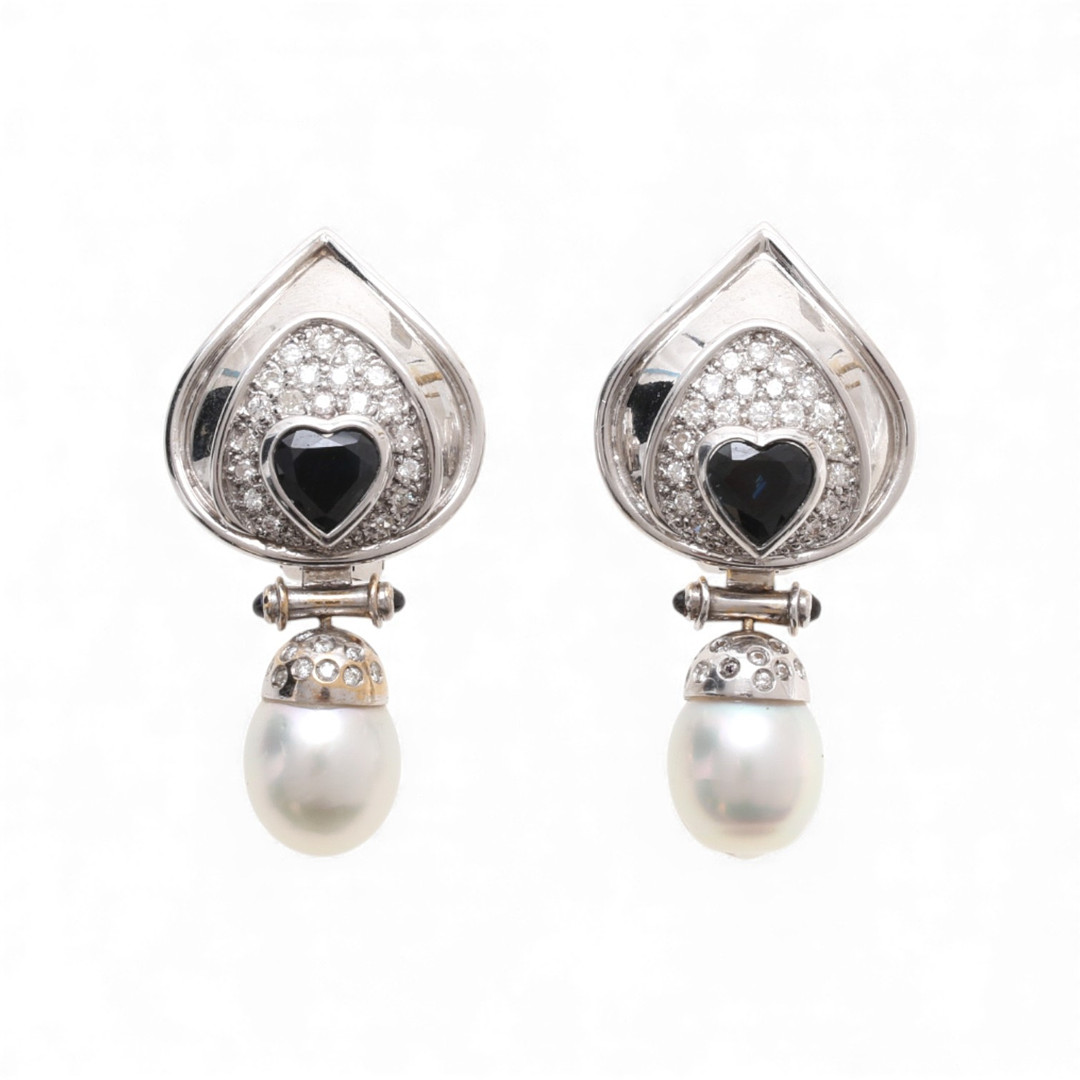 ROSA BISBE. Sapphires, diamonds and Australian pearls long earrings.