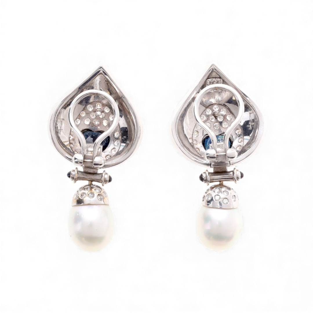 ROSA BISBE. Sapphires, diamonds and Australian pearls long earrings.