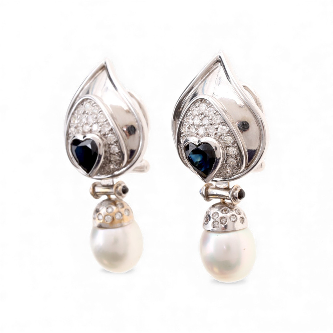 ROSA BISBE. Sapphires, diamonds and Australian pearls long earrings.
