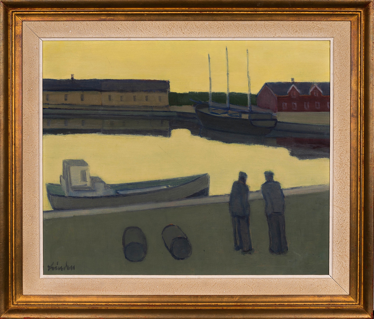 HELGE LINDEN. Olja på pannå, " Vid hamnkajen" signerad 1900-tal.