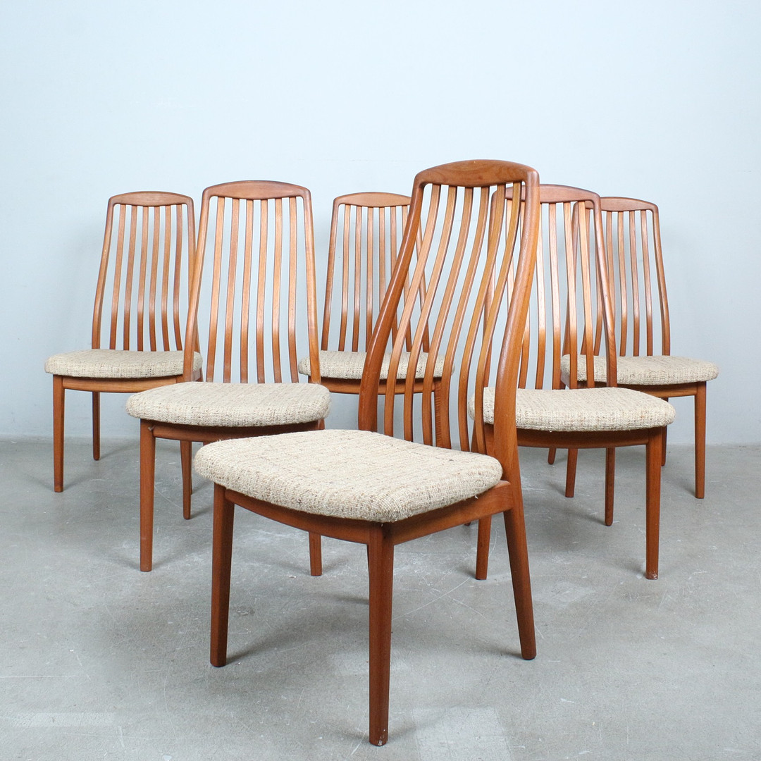 PREBEN SCHOU. für Schou Andersens, sechs Stühle / Esszimmerstühle, Teak, Wolle, 1960er Jahre, Dänemark (6).