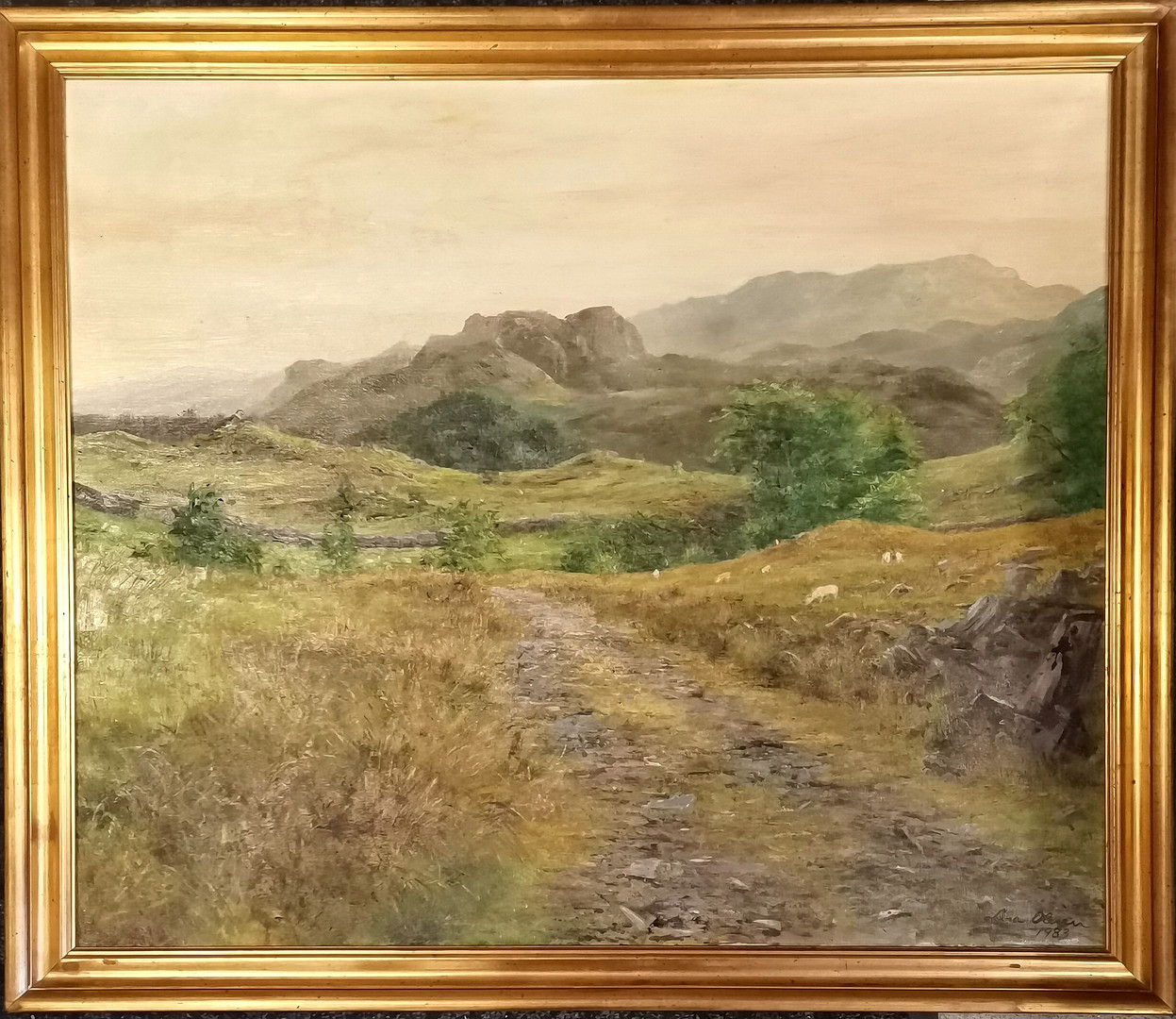 LISA OLESEN LARGE OIL PAINTING ON CANVAS DATED 1983 OF A PASTORAL SCENE.
