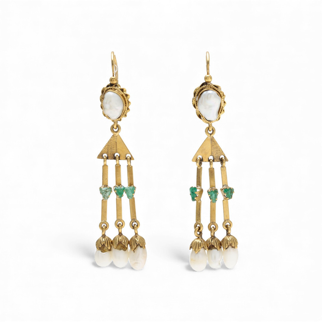 Historicist style gold and gemstones long earrings.
