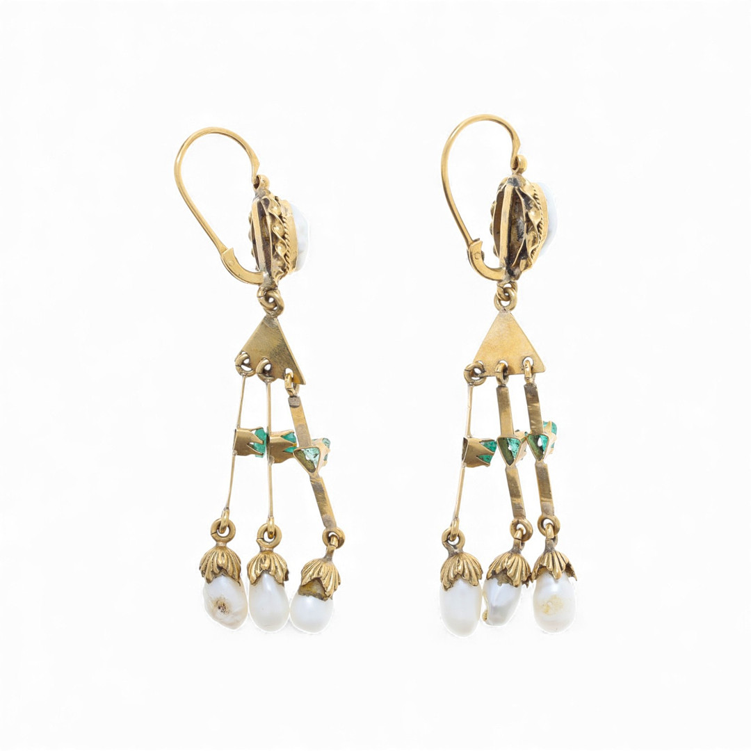 Historicist style gold and gemstones long earrings.
