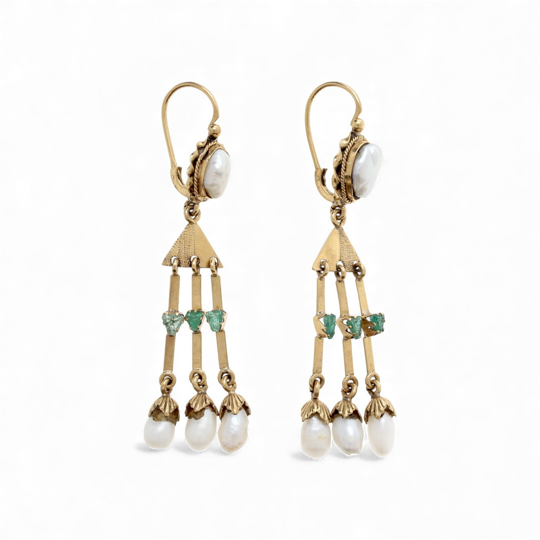 Historicist style gold and gemstones long earrings.