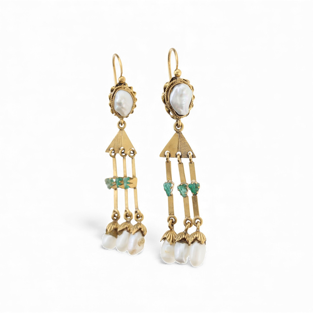 Historicist style gold and gemstones long earrings.