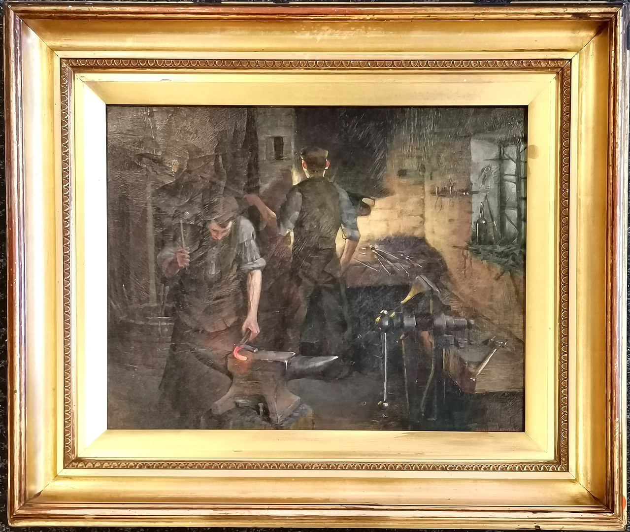 JOHN DALZIEL / DANZELL KENWORTHY (1858-1954) OIL PAINTING ON OF A BLACKSMITHS.