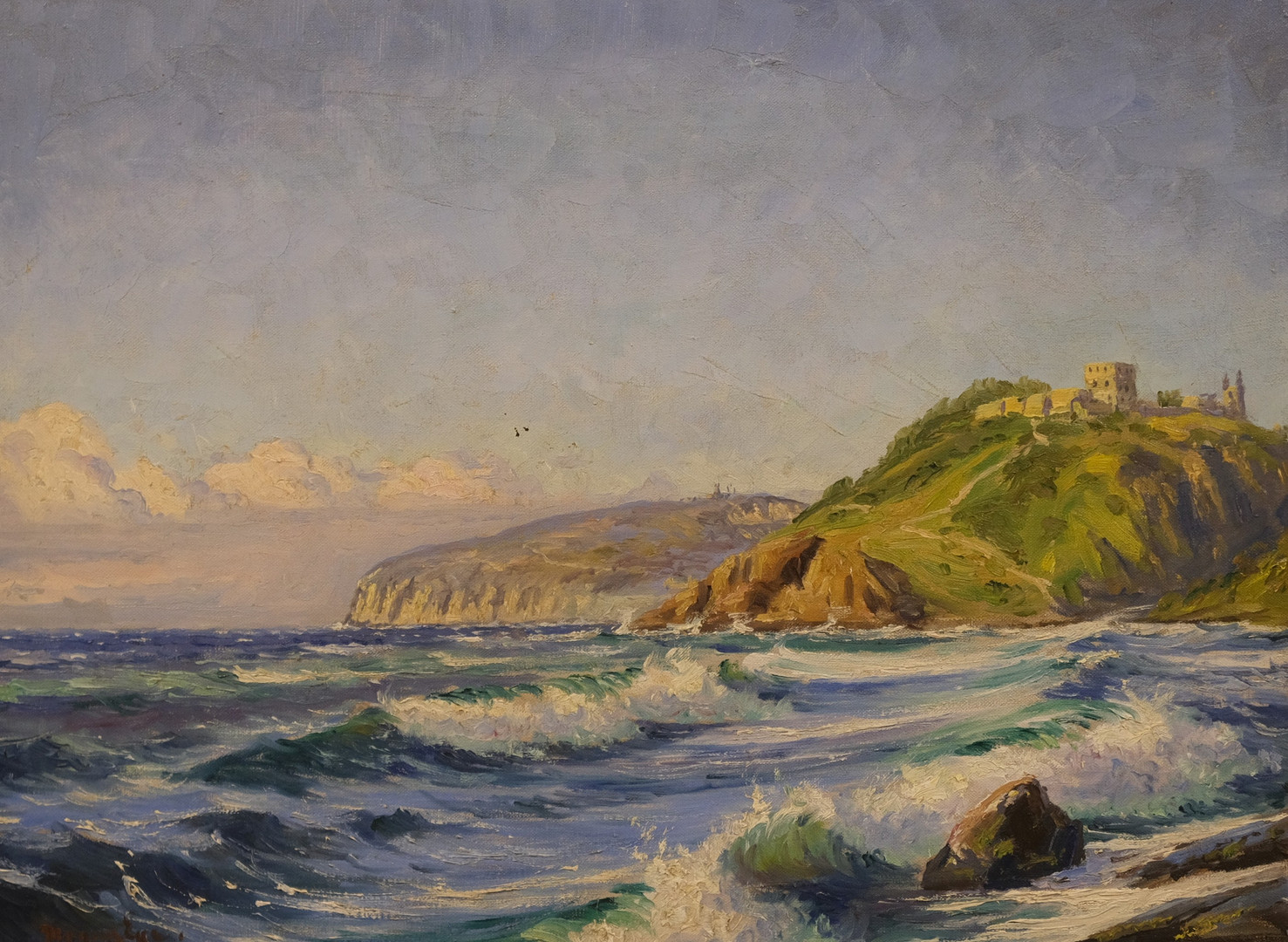MOGENS EGE. KUSTMOTIV FRÅN BORNHOLM MED HAMMERSHUS, OLJA PÅ DUK.