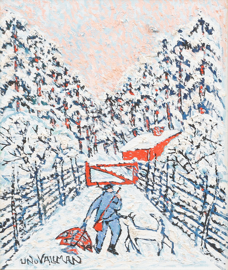 UNO VALLMAN. Vinterbild med man och hund, olja på duk, signerad.