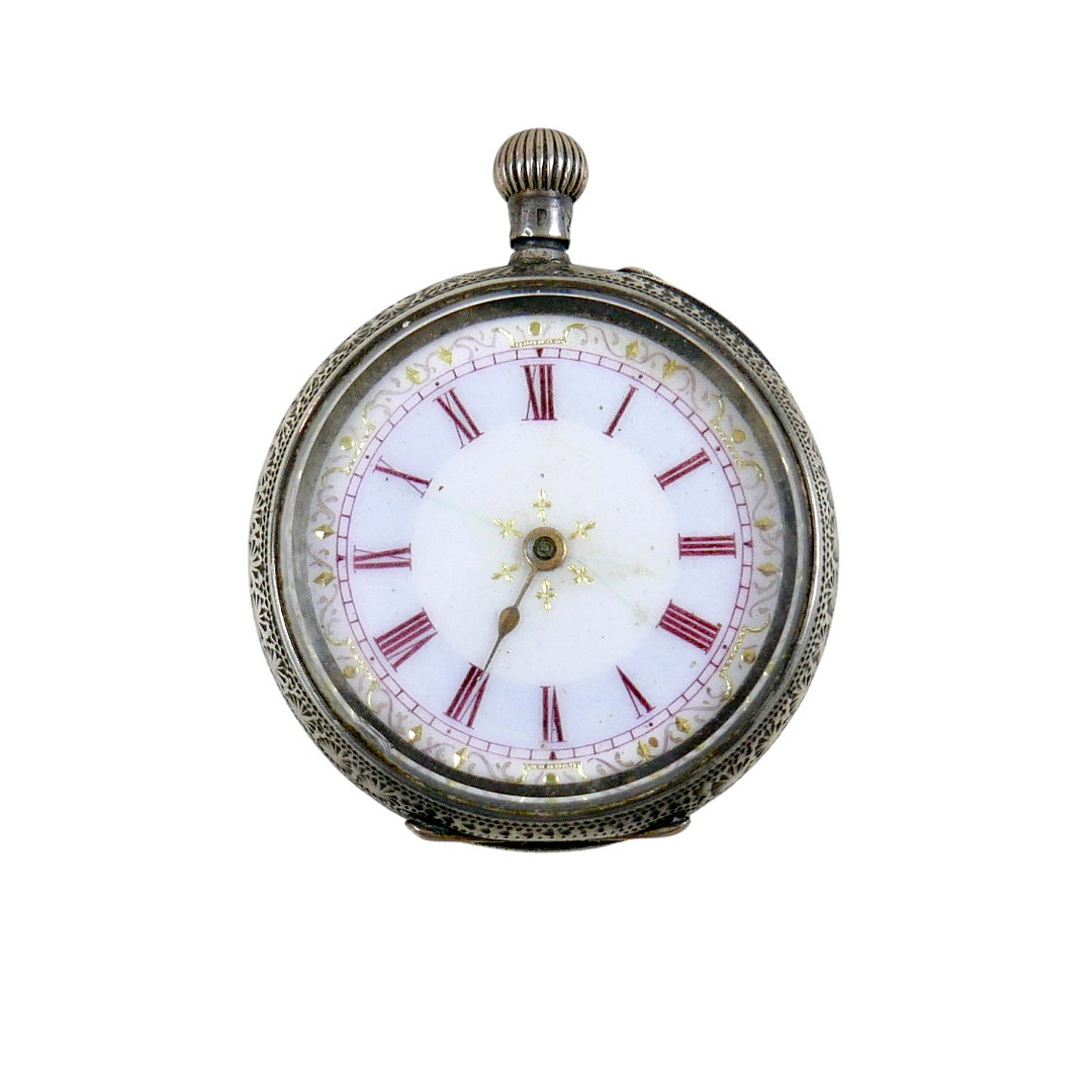 A 935 SILVER CASED SWISS LADY'S POCKET WATCH.