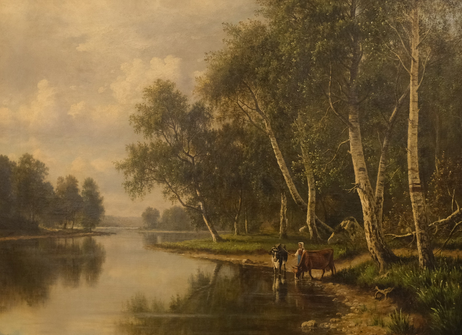 CHRISTIAN BERTHELSEN. KVINNA MED KOR VID VATTEN, OLJA PÅ DUK.
