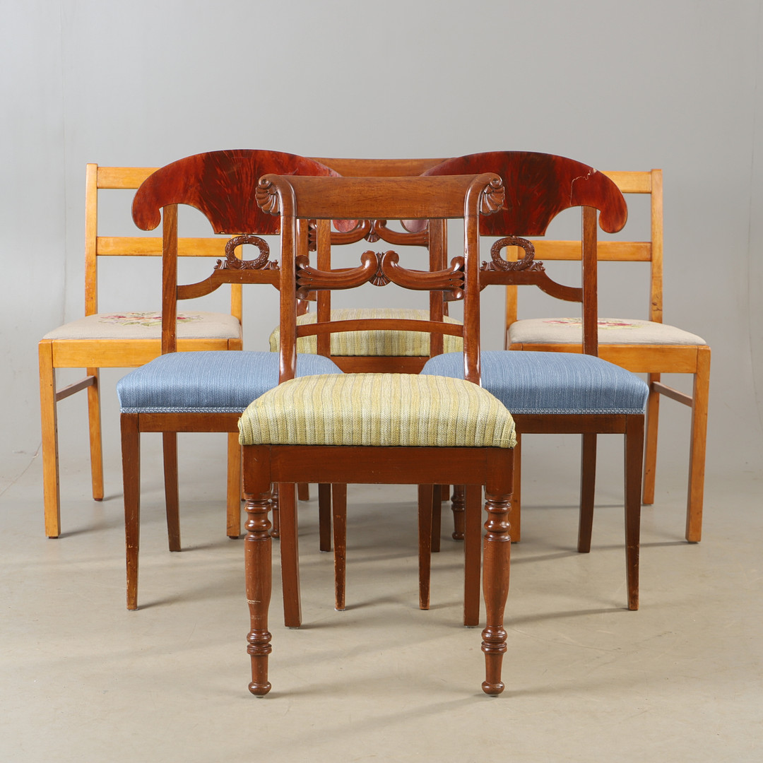 STOLAR, 6 stycken, mahogny, björk m.m, 1900-tal.