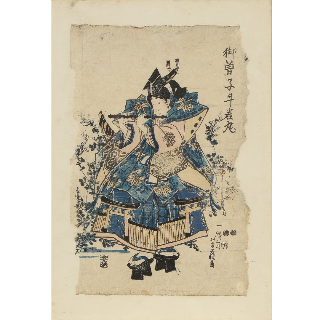 Ubekendt kunstner, Ushiwakamaru spiller på sin fløjte, japansk træsnit, 1800-tallet.