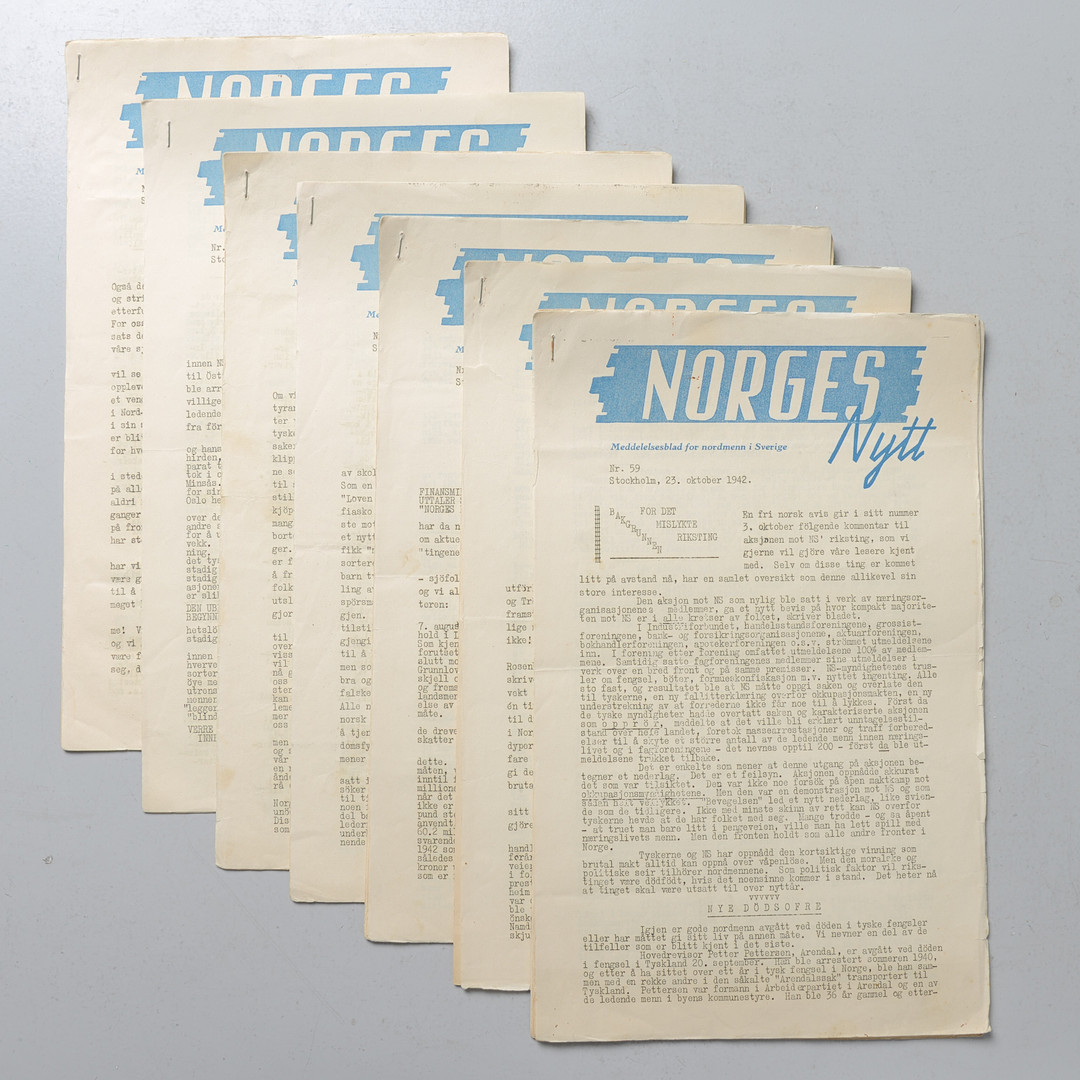 "NORGES NYTT- Meddelelsesblad for nordmenn i Sverige", 8 st, 1942-1943.
