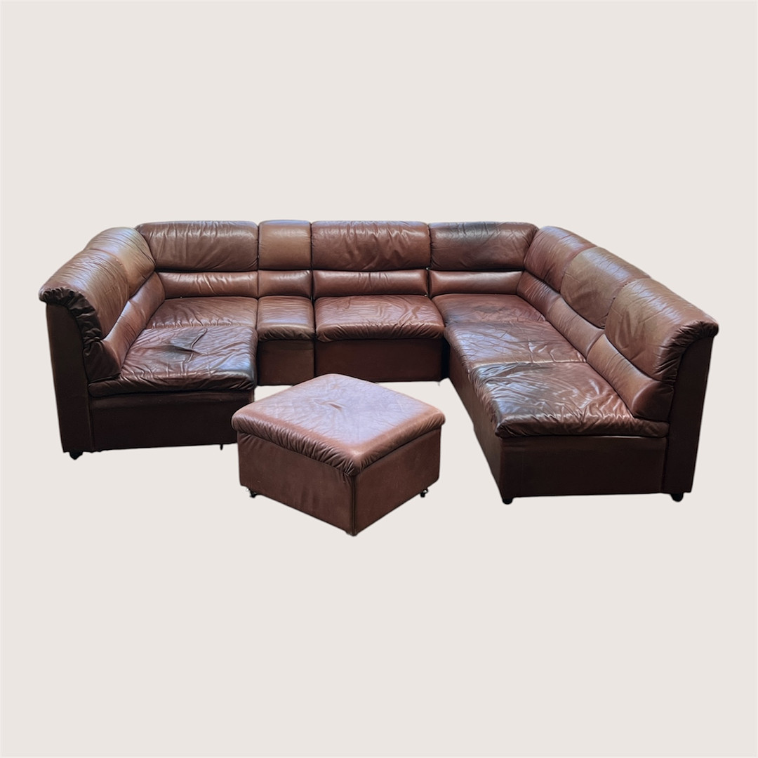 7-teiliges Modulsofa / Sofalandschaft mit Ottomane der 1970er Jahre, Leder (8).