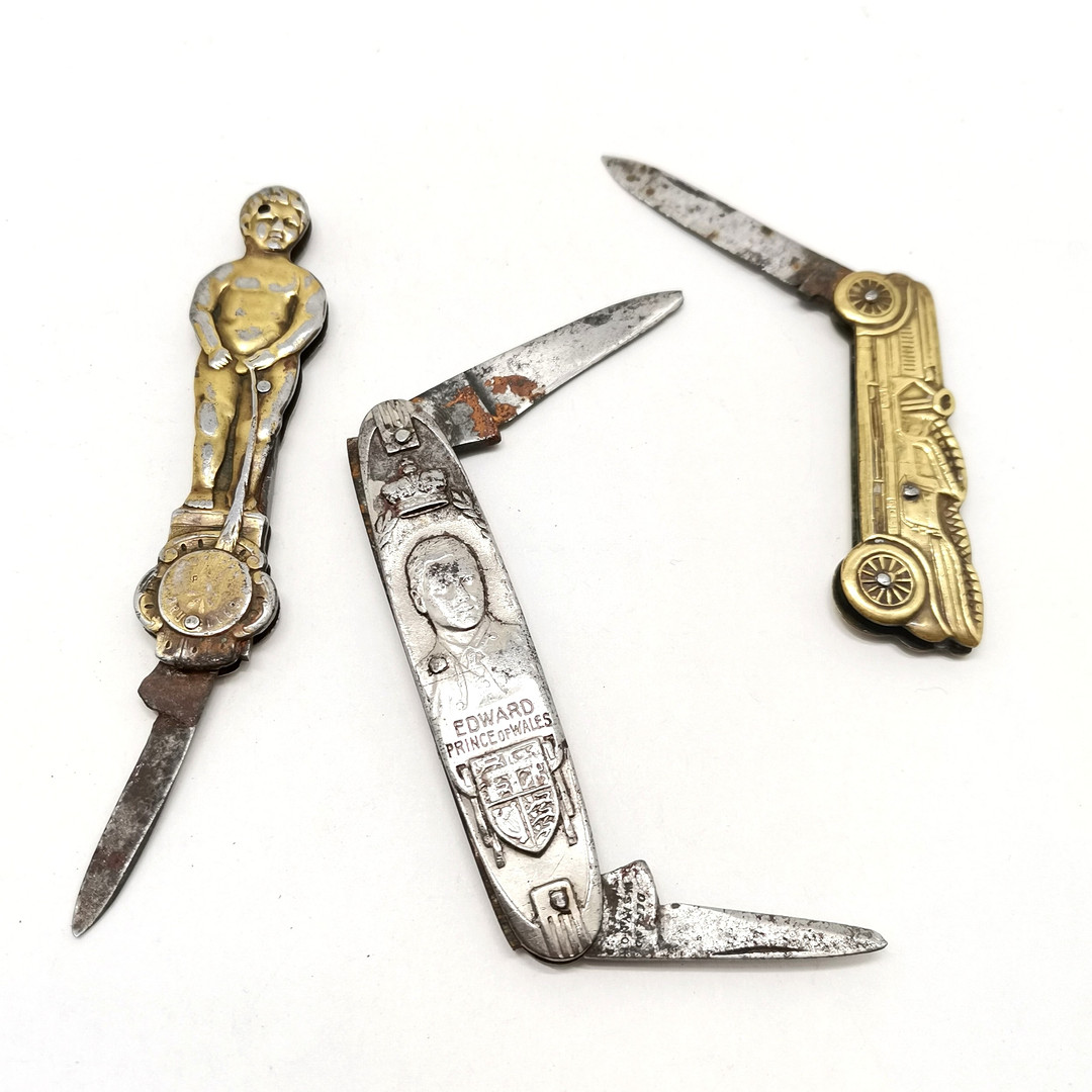 3 X NOVELTY PENKNIVES - MOTOR CAR, GEORGE V & MANNEQUIN.