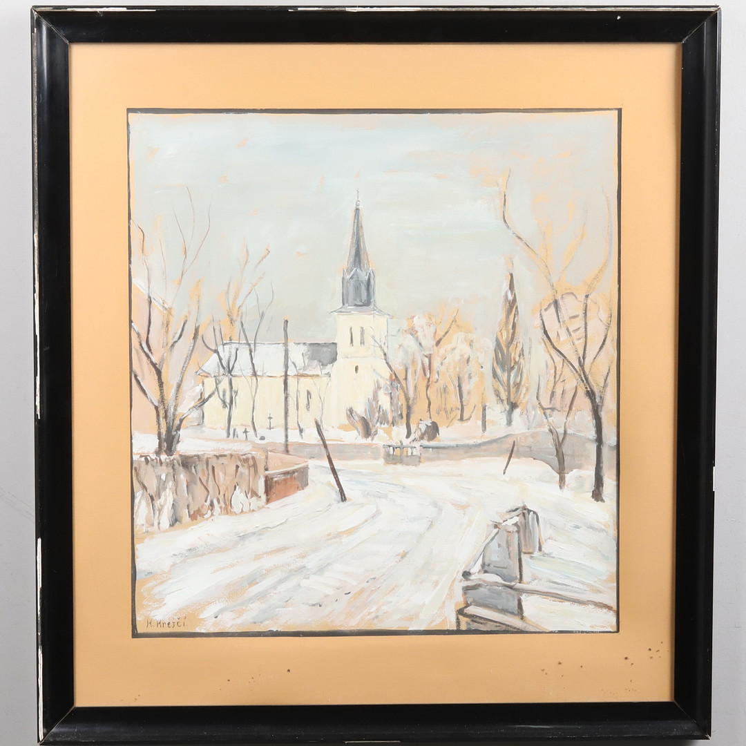 KAREL KREJCI (1889-1942). Blandteknik, "Kyrka i vinterskrud", signerad.