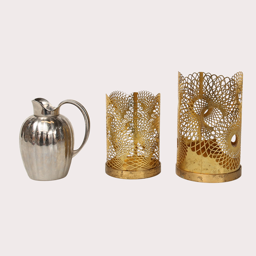 LJUSHÅLLARE, ett par, mässing, "Lunar" & "Celestial", Lara Bohinc, Skultuna samt SIGVARD BERNADOTTE. Gräddkanna, för Georg Jensen, stål.