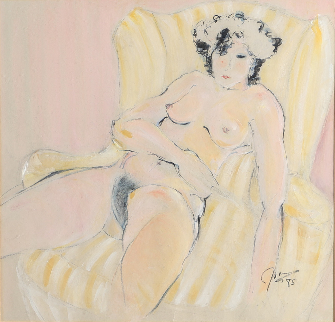 ATTRIBUTED TO JEAN DE KEERSMAEKER (20TH CENTURY). SEATED NUDE IN A YELLOW CHAIR.