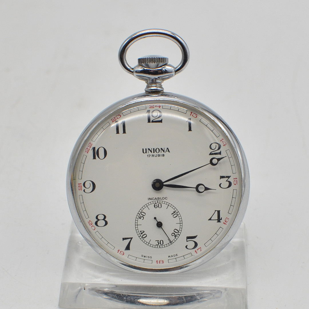 UNIONA, 17 RUBIS, INCABLOC, TASCHENUHR, EDELSTAHL, SWISS MADE, HANDAUFZUG, KLEINE SEKUNDENANZEIGE, FRÜHES 20. JAHRHUNDERT.