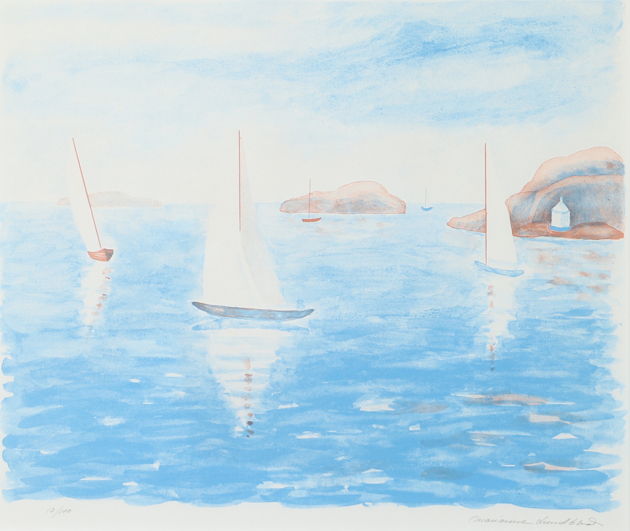 MARIANNE LUNDBLAD. Skärgård med segelbåt, färglitografi, signerad.
