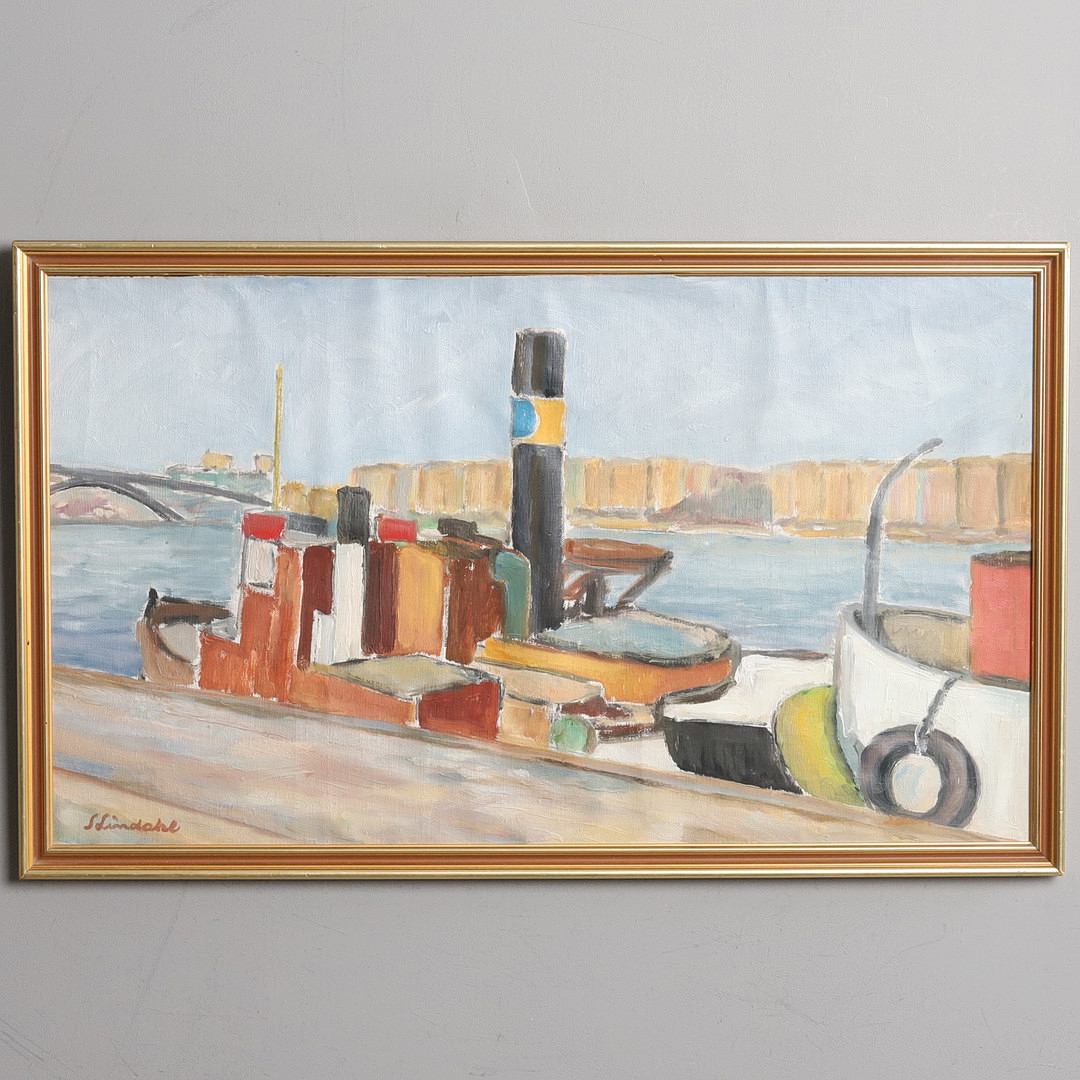 STEN LINDAHL. Olja på duk, "Hamnmotiv" signerad.