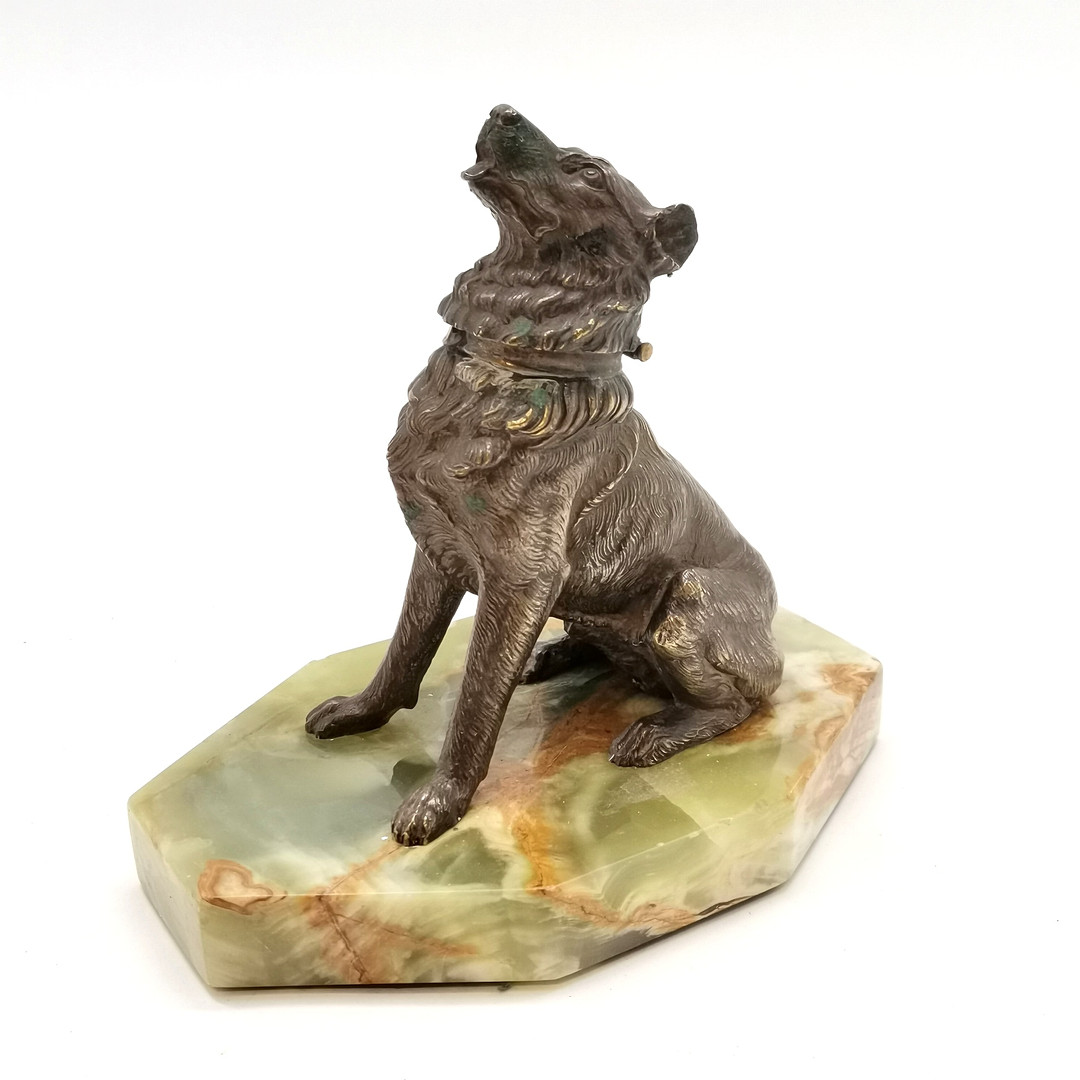 BRONZE DOG SCULPTURE INKWELL W/ HINGED HEAD LID.