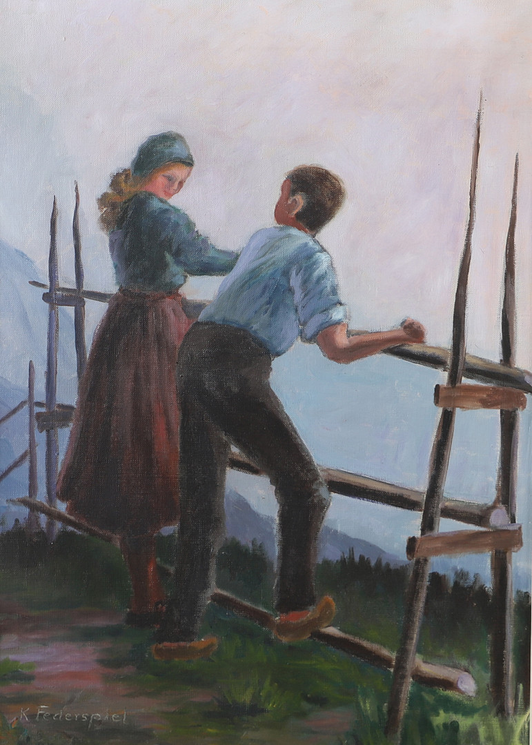 KAI FEDERSPIEL. Ungt par vid staket, olja på duk, signerad K. Federspiel.