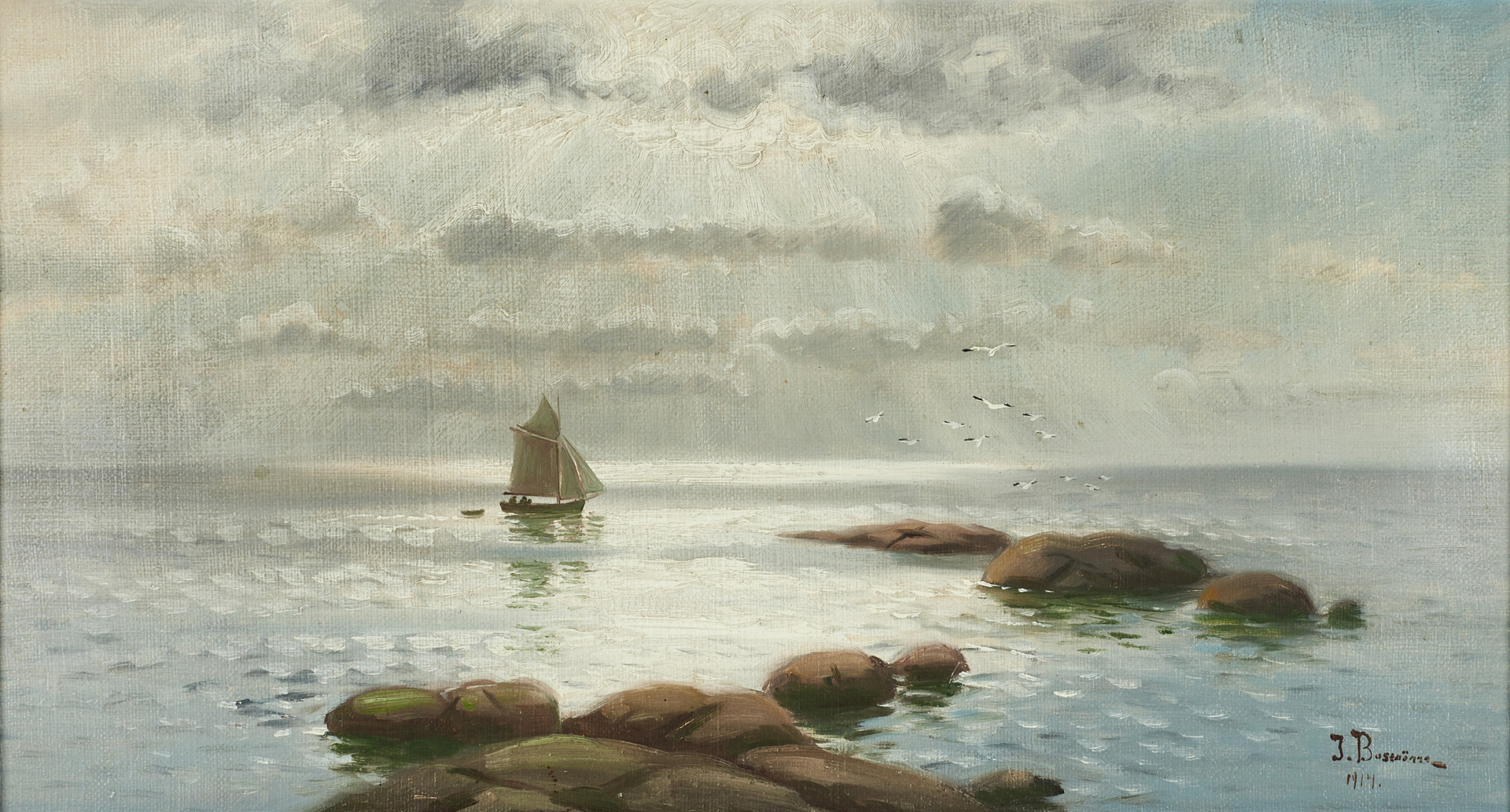 OIDENTIFIERAD KONSTNÄR. Kustlandskap med båt, signerad, daterad 1914, olja på duk.