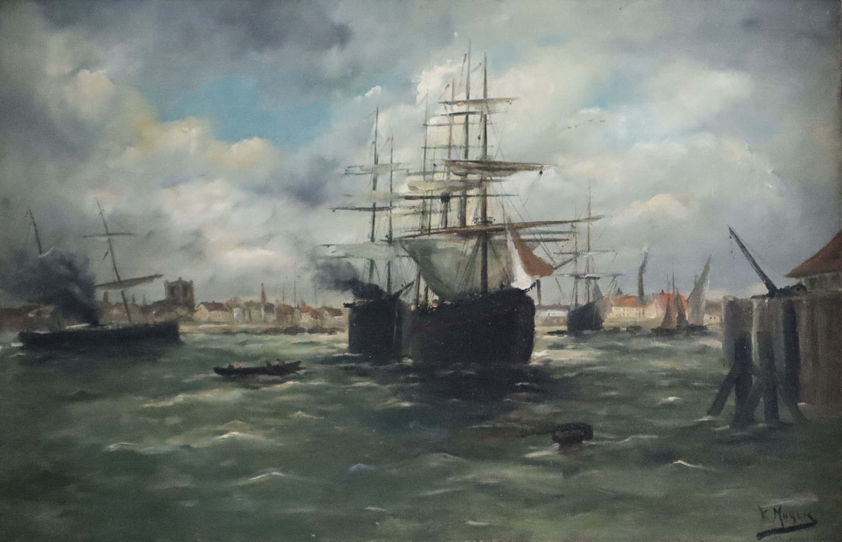 UNBEKANNTE/R MARINEMALER/IN (20. JH.). Hafenszene mit Dreimastern, Öl auf Leinwand.