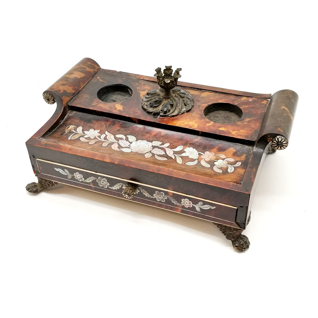 ANTIQUE REGENCY DESK STAND W/ TORTOISESHELL & MOTHER OF PEARL.