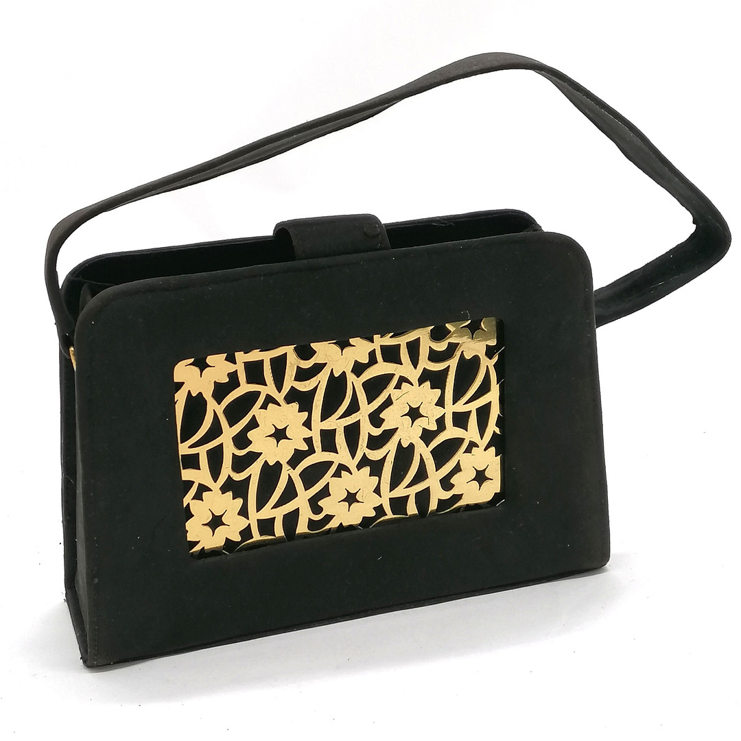 VINTAGE FRENCH WERBER PARIS WW COMBINATION COMPACT HANDBAG IN BLACK SUEDE.
