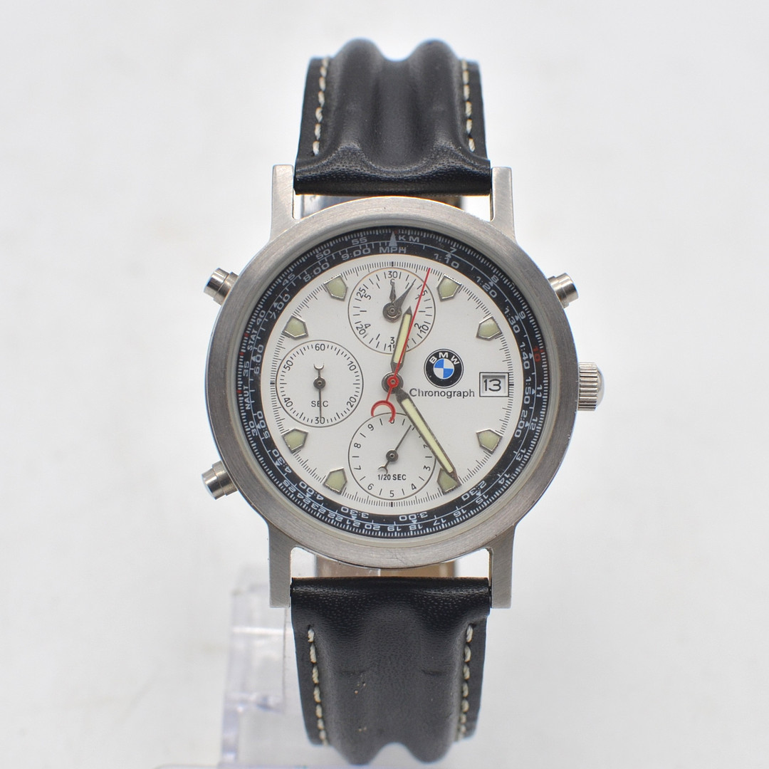 BMW, CLASSIC AVIATOR, CHRONOGRAPH, EDELSTAHLGEHÄUSE, QUARZWERK, LEDERARMBAND, UM 1990ER JAHRE.